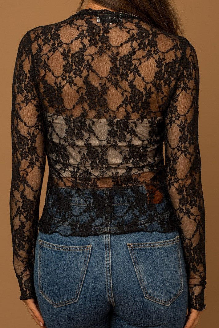 Sheer Floral Lace Layering Top - black - 1