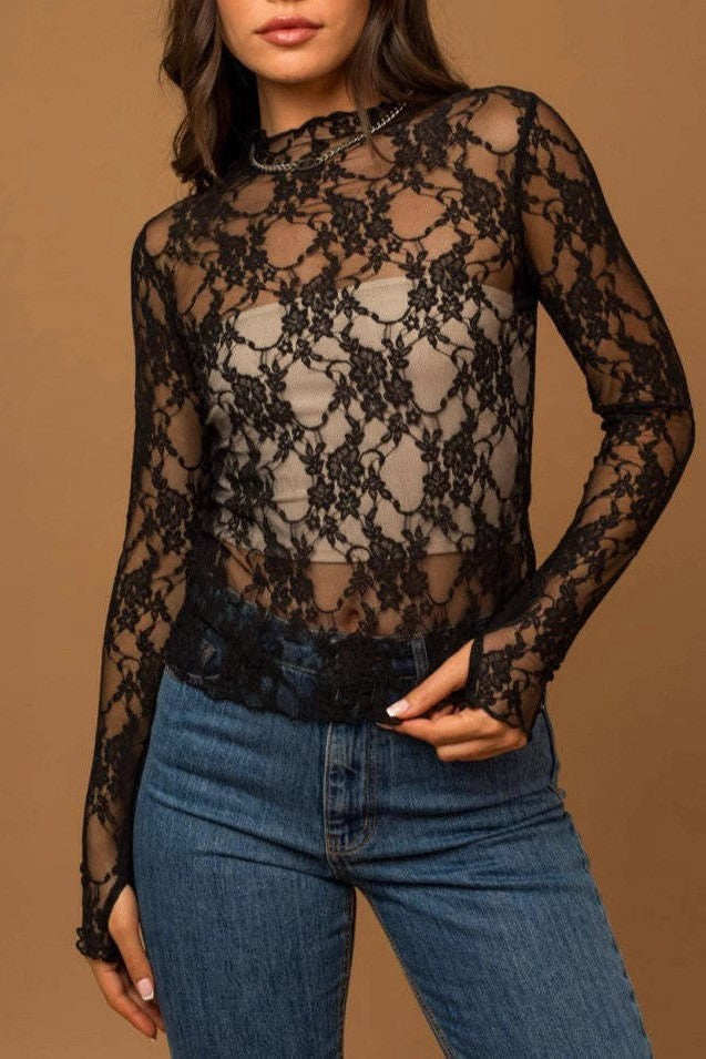 Sheer Floral Lace Layering Top - black - 2