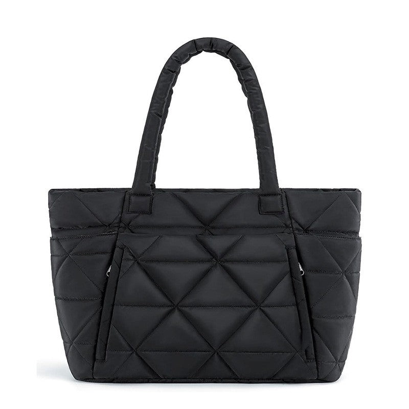 Quilted Puffer Tote Bag with Laptop Sleeve - Black