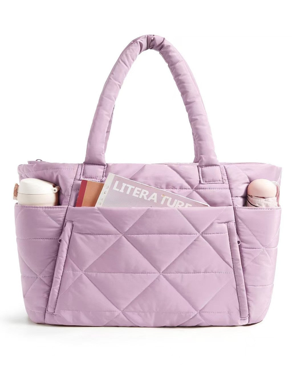 Quilted Puffer Tote Bag with Laptop Sleeve - Lilac