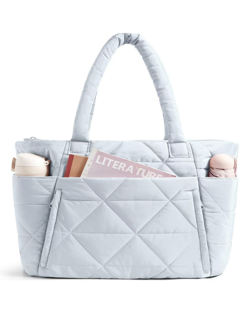 Quilted Puffer Tote Bag with Laptop Sleeve - Powder Blue
