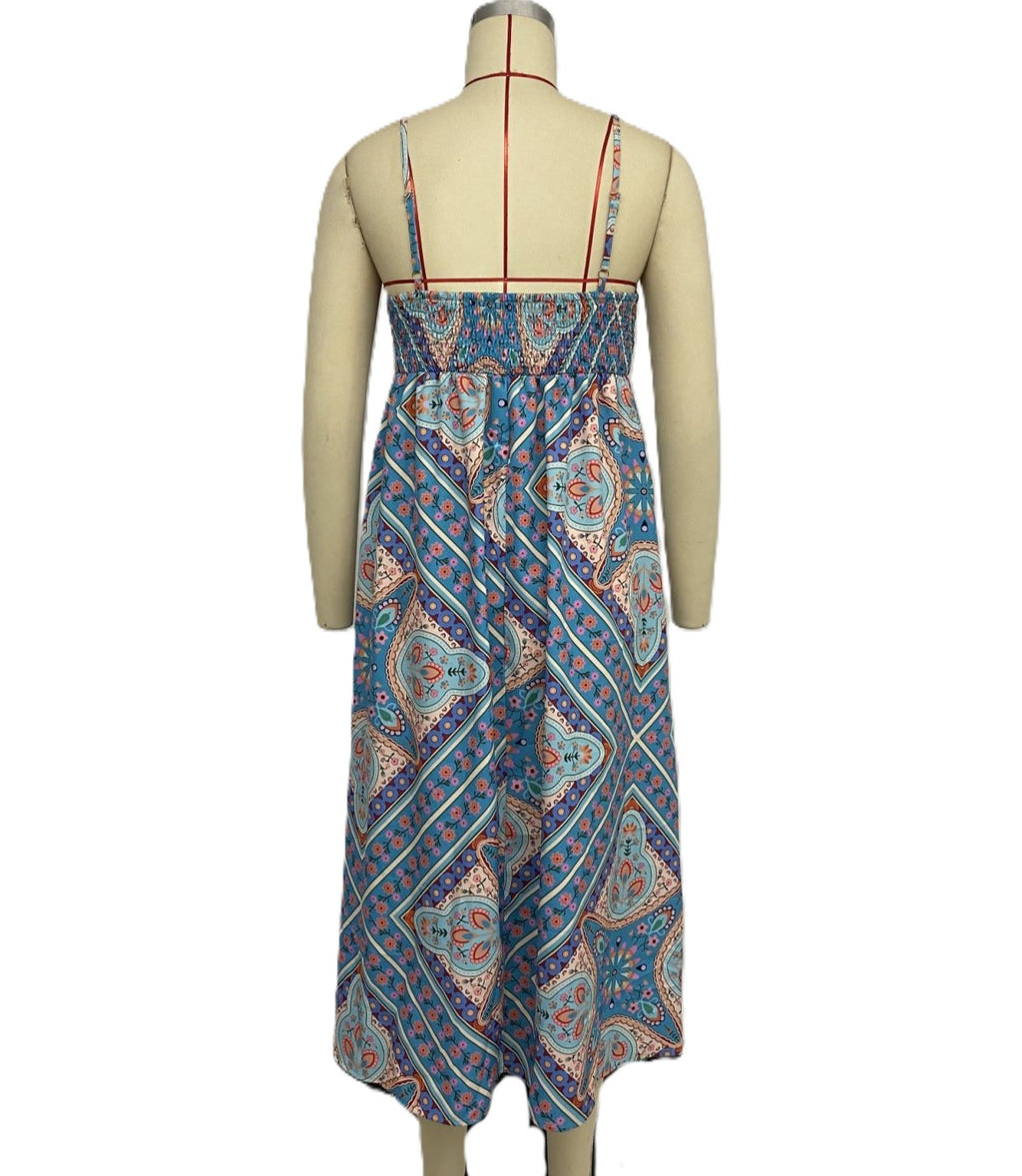 Medallion Print Strappy Midi Slip Dress - Blue - 1