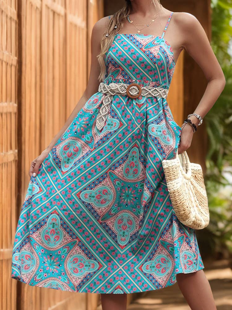 Medallion Print Strappy Midi Slip Dress