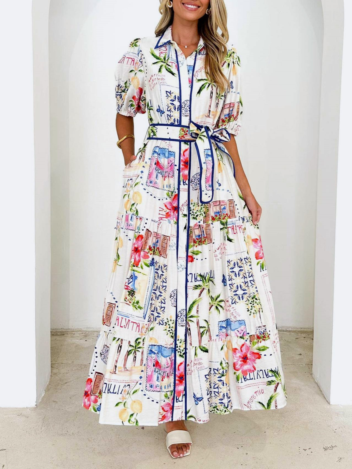 Belted Floral Tiered Maxi Shirt Dress - Flower