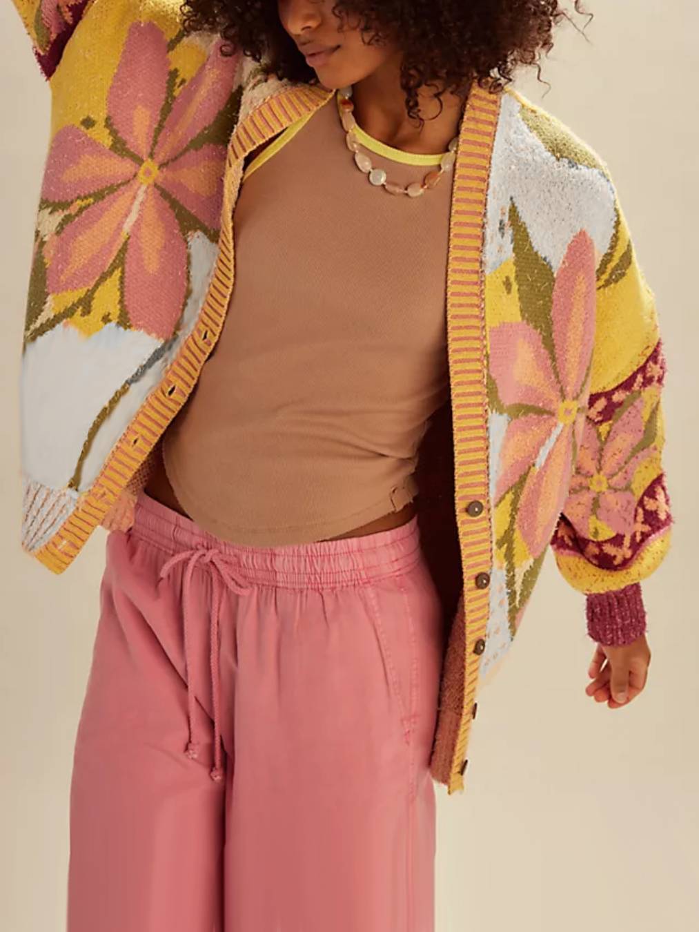 Blooming Floral Intarsia Oversized Knit Cardigan - Floral