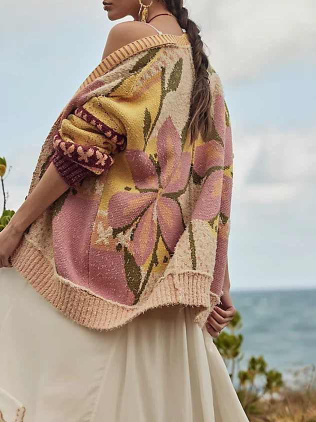 Blooming Floral Intarsia Oversized Knit Cardigan - Floral - 4
