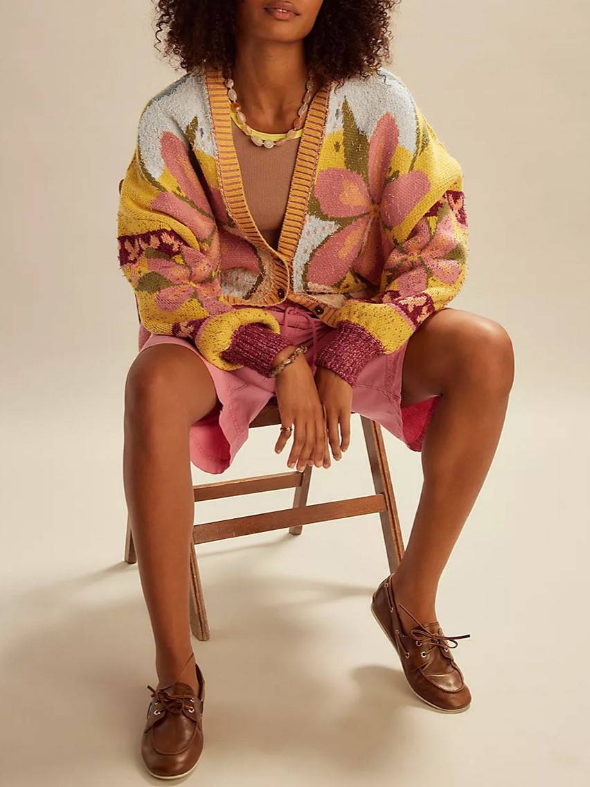 Blooming Floral Intarsia Oversized Knit Cardigan - Floral - 7