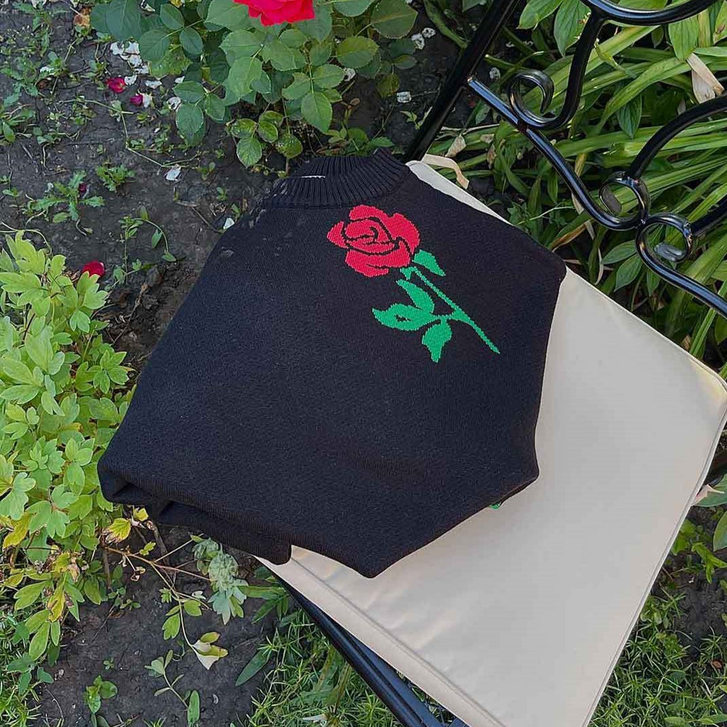 Long Stem Flower Intarsia Knit Sweater - Black - 1