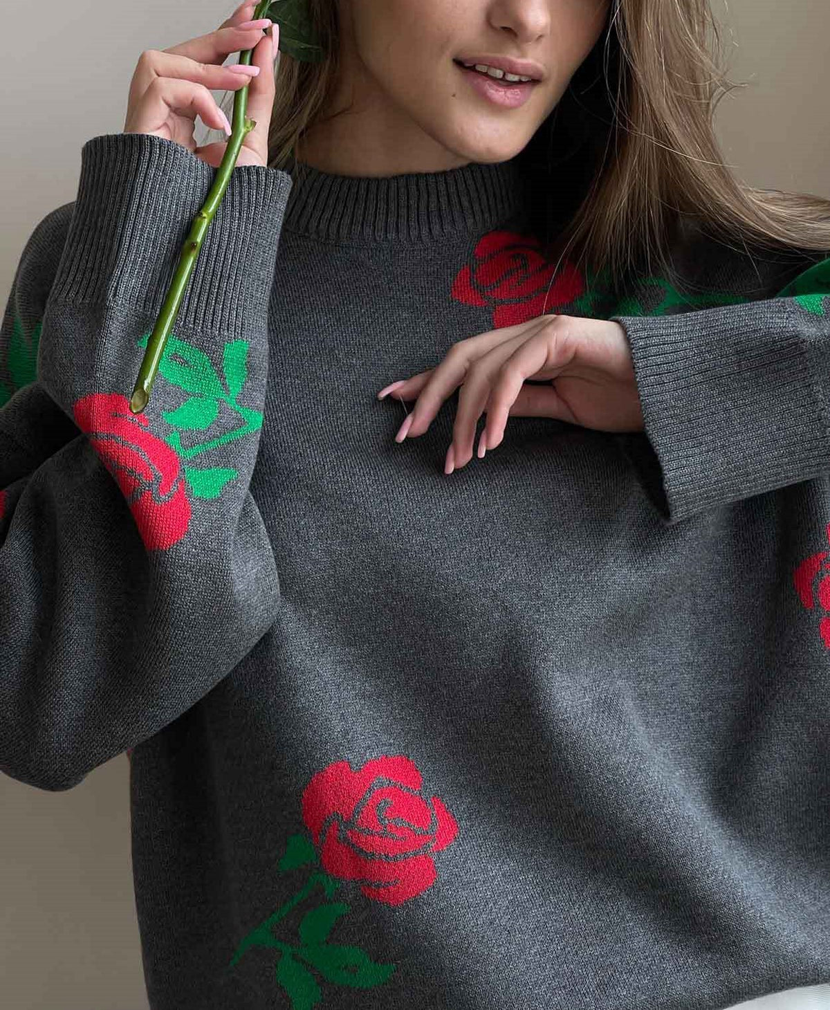 Long Stem Flower Intarsia Knit Sweater - Grey - 1