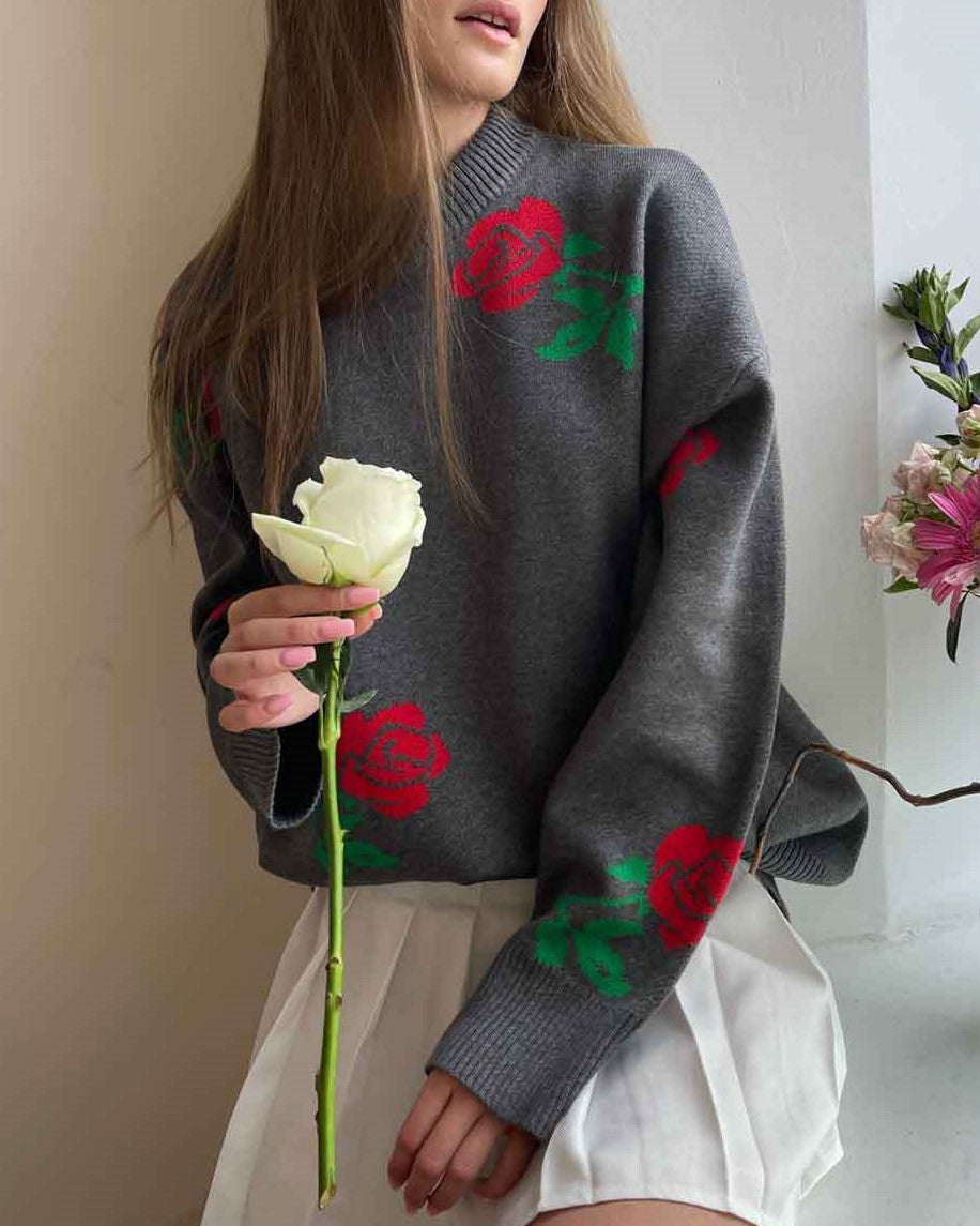Long Stem Flower Intarsia Knit Sweater - Grey - 2