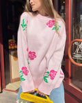 Long Stem Flower Intarsia Knit Sweater - Pink