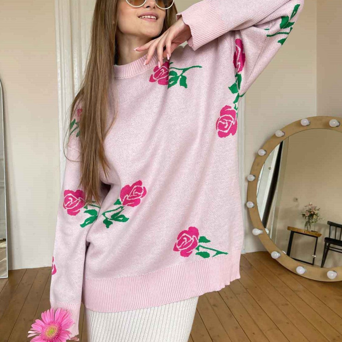 Long Stem Flower Intarsia Knit Sweater - Pink - 2