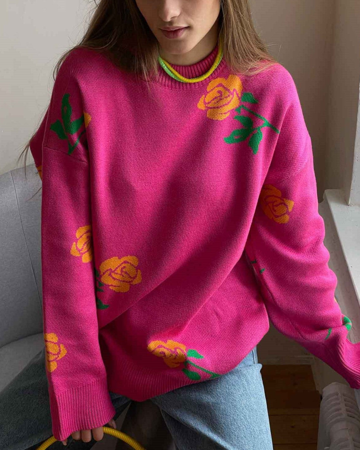 Long Stem Flower Intarsia Knit Sweater - RoseRed