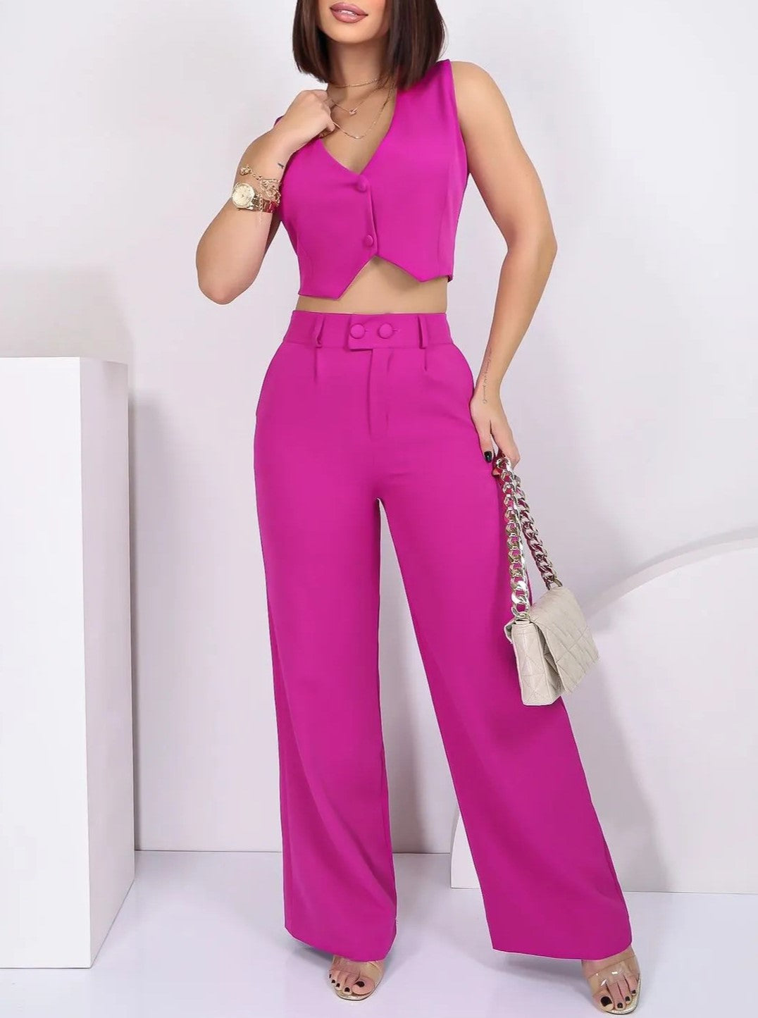 Cropped Waistcoat And Wide Leg Trouser Set - Rosered - 1