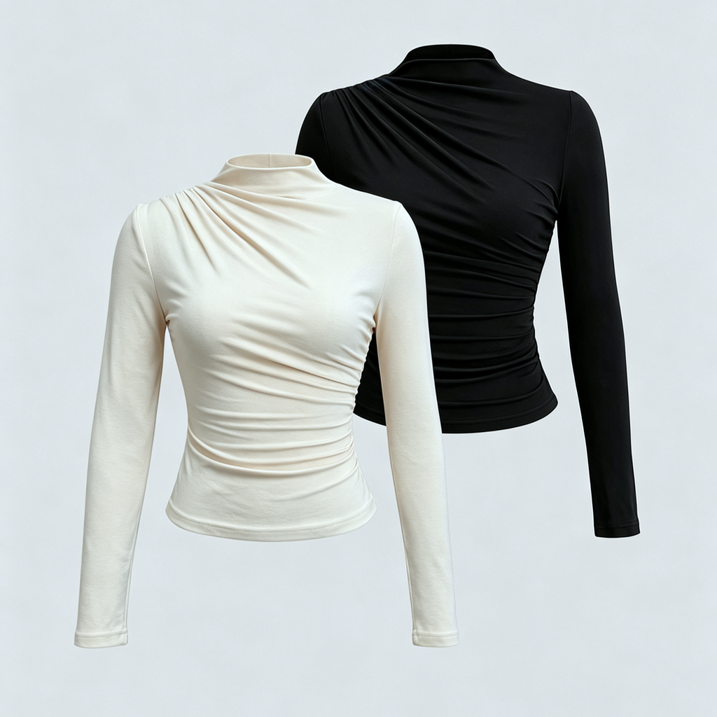 Asymmetric Ruched Mock Neck Long Sleeve Blouse 2-Pack - BlackBeige