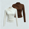 Asymmetric Ruched Mock Neck Long Sleeve Blouse 2-Pack - BrownBeige