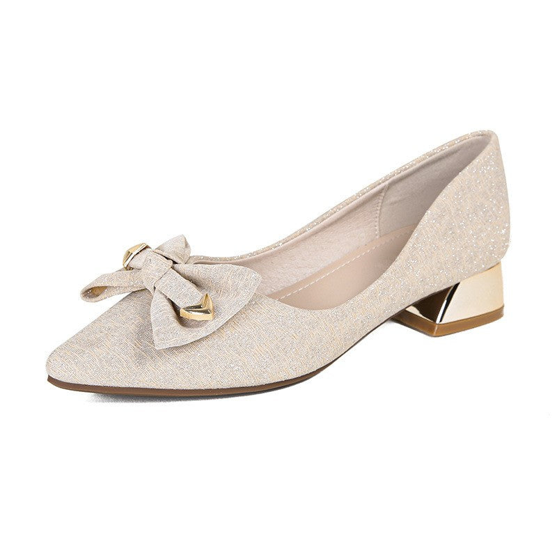 Pointed Toe Bow Low Block Heel Pumps - Apricot