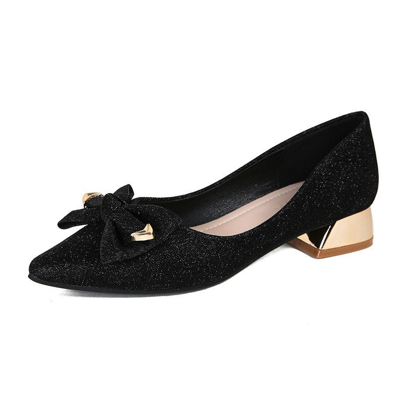 Pointed Toe Bow Low Block Heel Pumps - Black