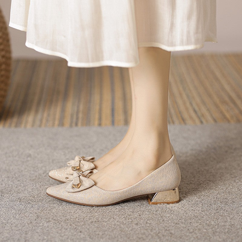 Pointed Toe Bow Low Block Heel Pumps