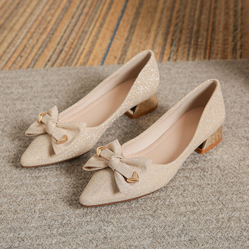 Pointed Toe Bow Low Block Heel Pumps