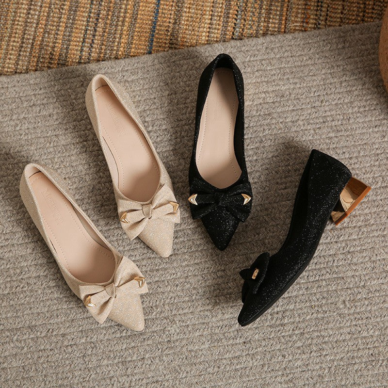 Pointed Toe Bow Low Block Heel Pumps
