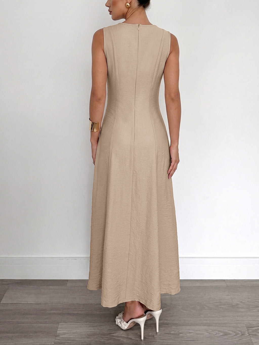 Sleeveless Paneled Maxi Dress With Flared Hem - Khaki - 3