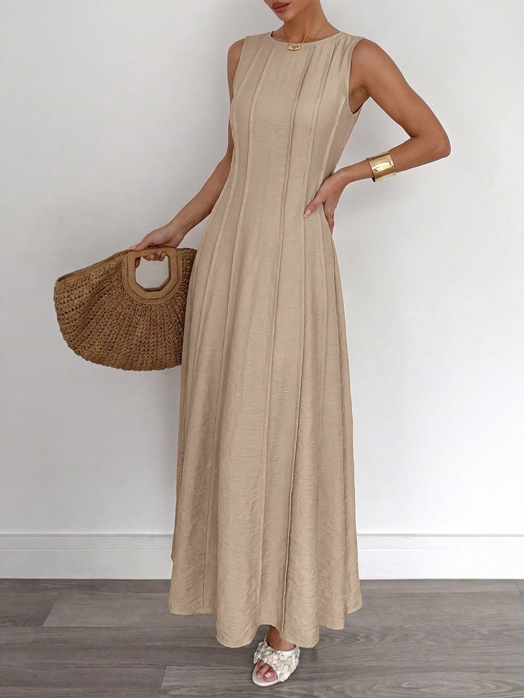 Sleeveless Paneled Maxi Dress With Flared Hem - Khaki - 4