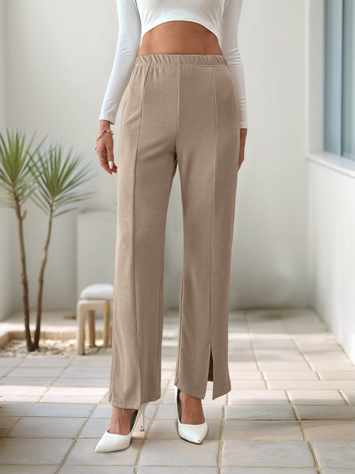 Ribbed Straight Leg Trousers With Front Split - Khaki - 4