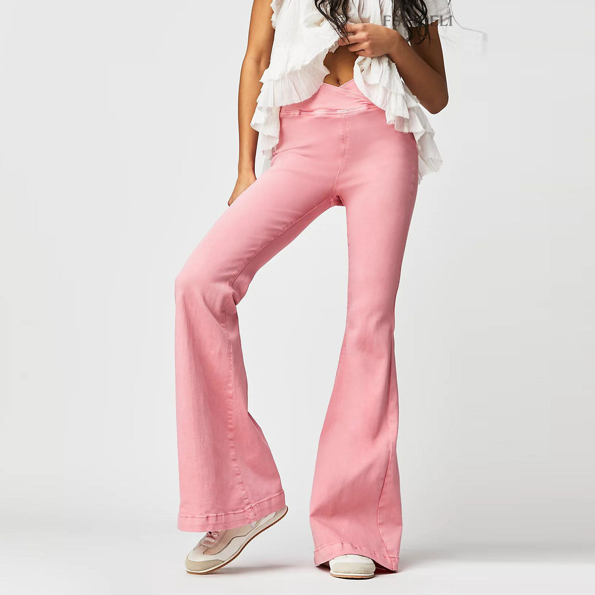 Crossover V Waist Flare Jeans - Pink
