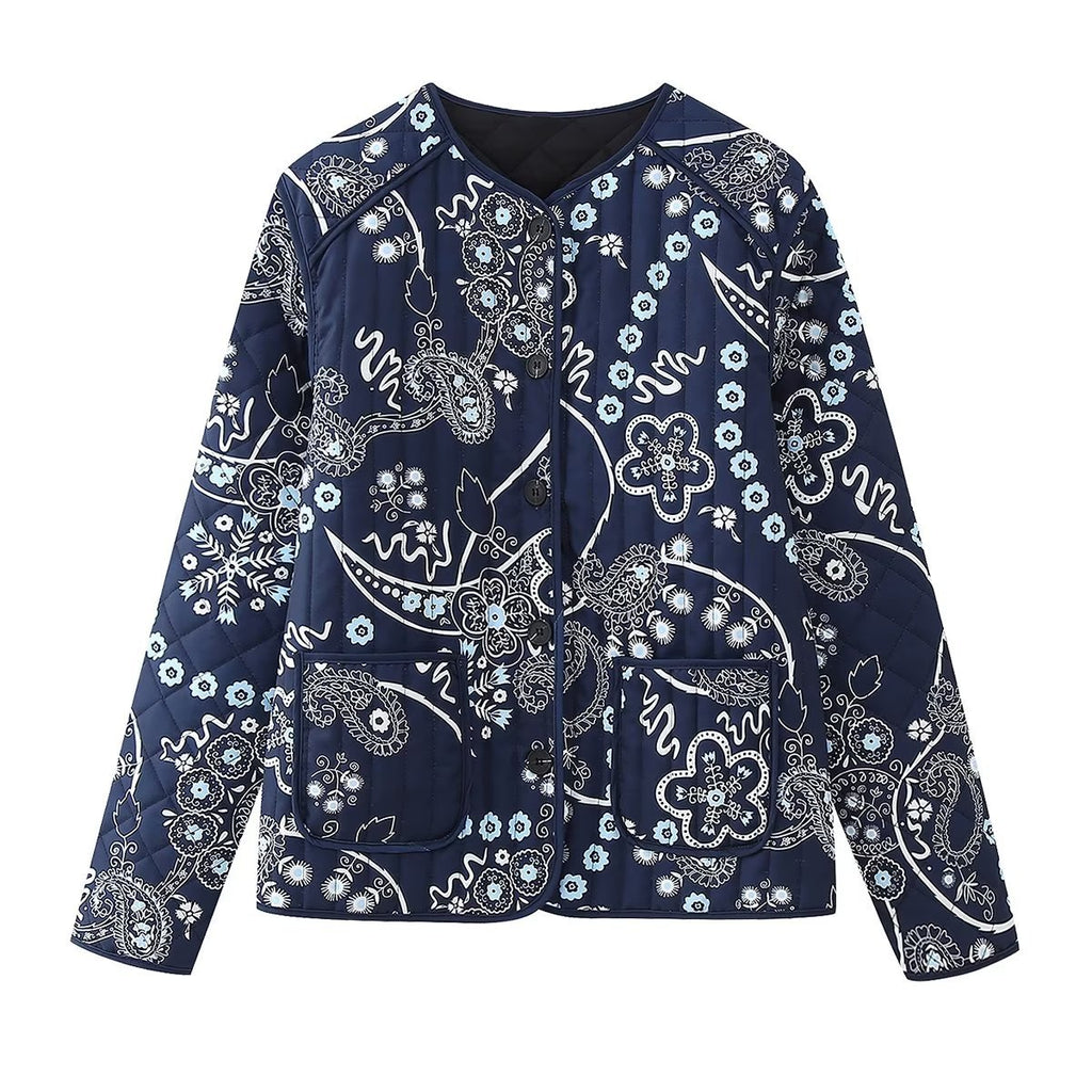 Bandana Paisley Quilted Collarless Jacket - DarkBlue