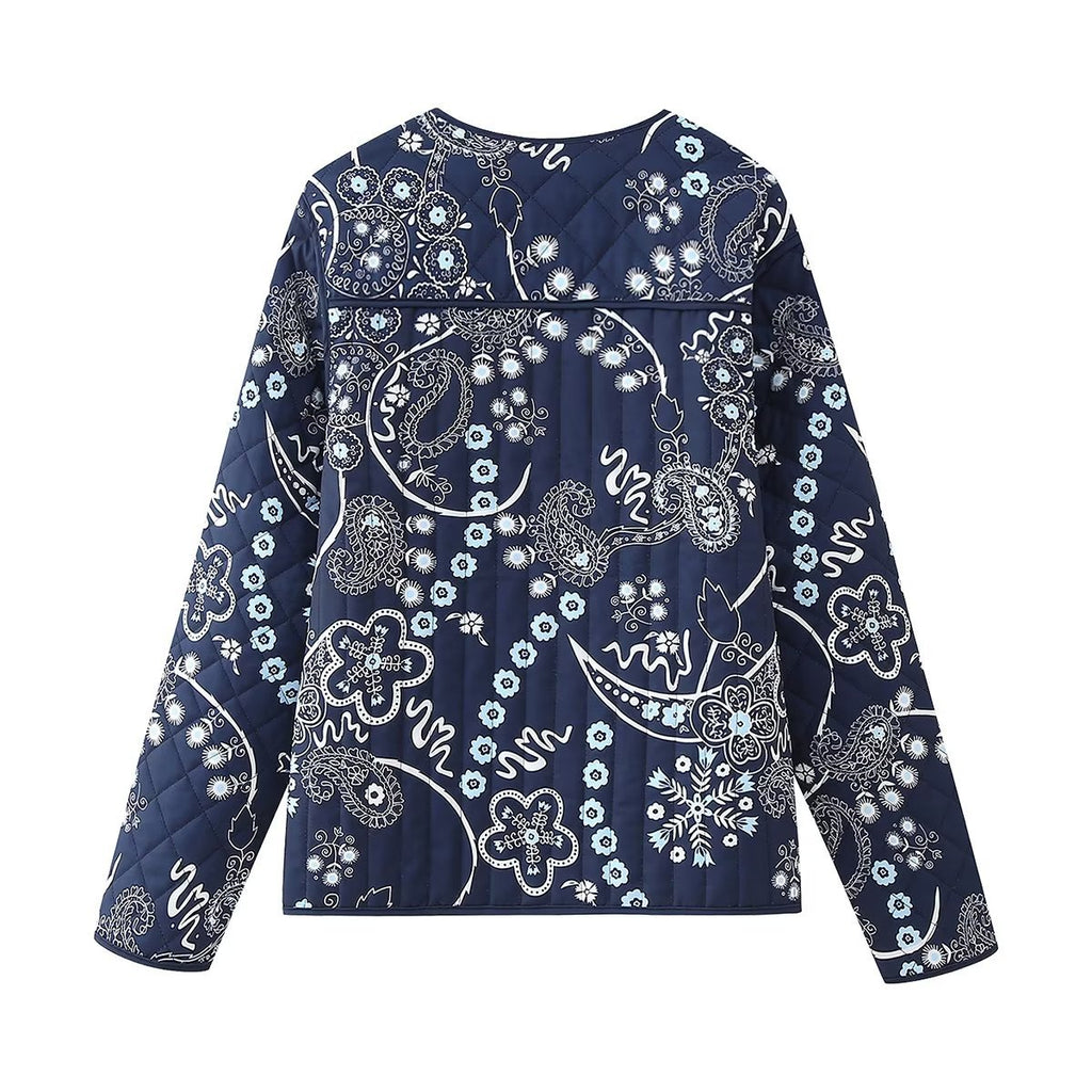 Bandana Paisley Quilted Collarless Jacket - DarkBlue - 1