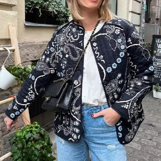 Bandana Paisley Quilted Collarless Jacket - DarkBlue - 2