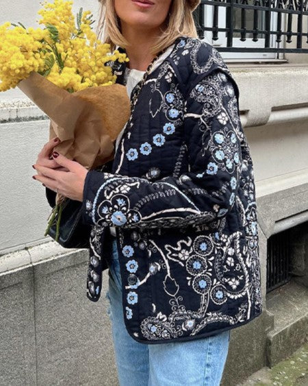 Bandana Paisley Quilted Collarless Jacket - DarkBlue - 3