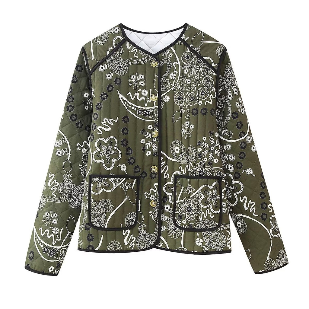 Bandana Paisley Quilted Collarless Jacket - DarkGreen
