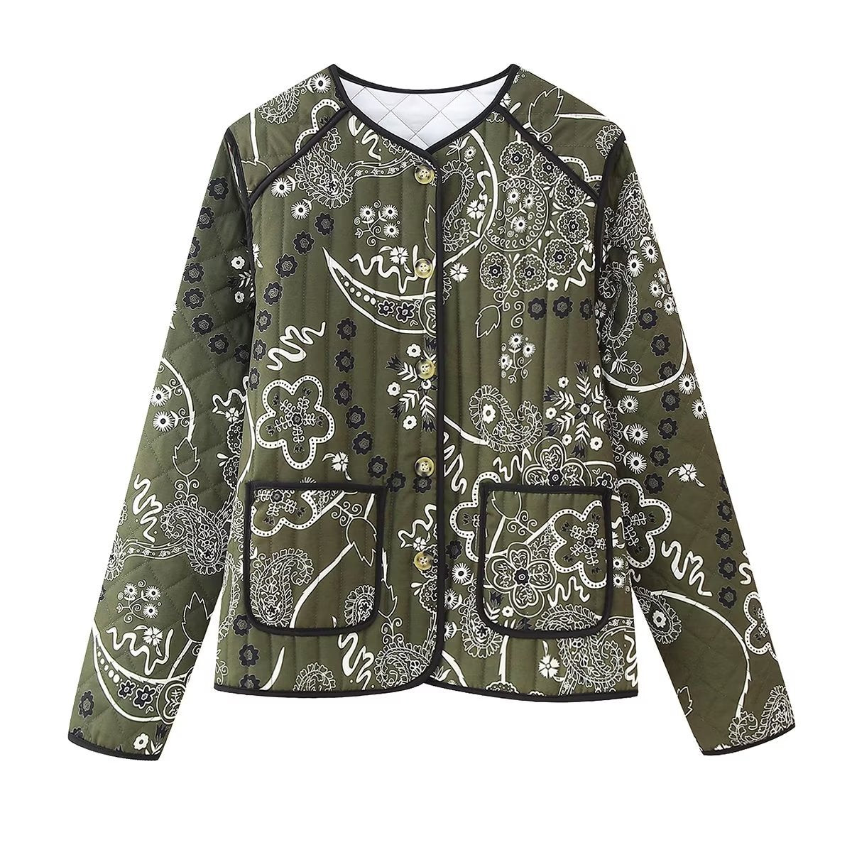 Bandana Paisley Quilted Collarless Jacket - DarkGreen