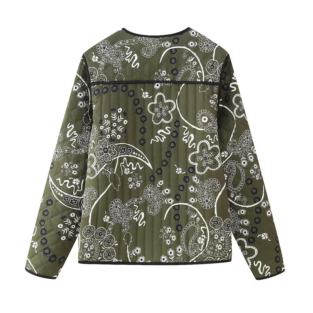 Bandana Paisley Quilted Collarless Jacket - DarkGreen - 1