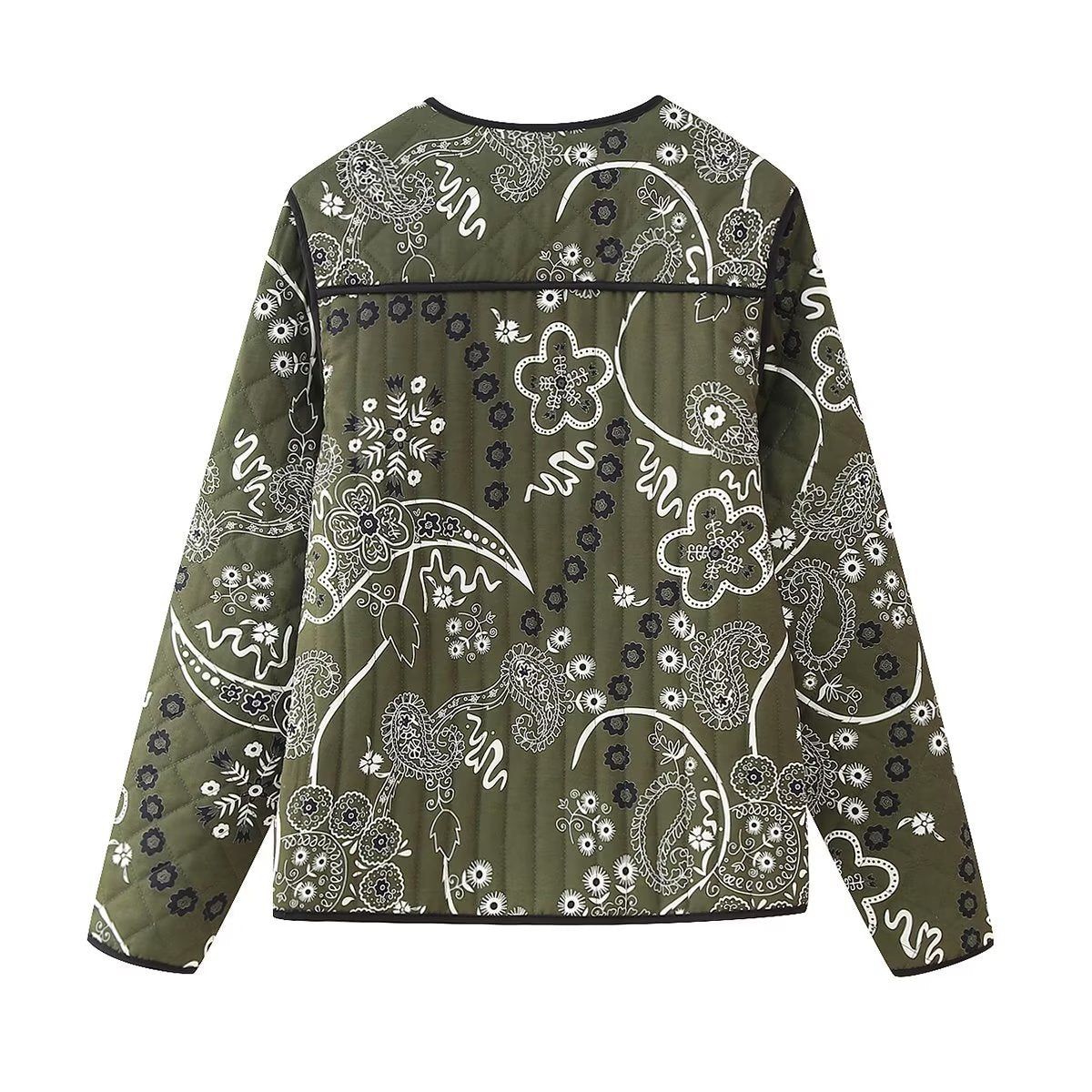 Bandana Paisley Quilted Collarless Jacket - DarkGreen - 1