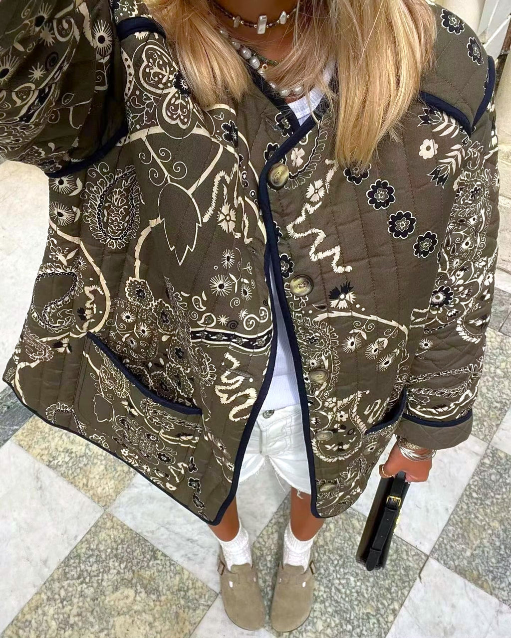 Bandana Paisley Quilted Collarless Jacket - DarkGreen - 2