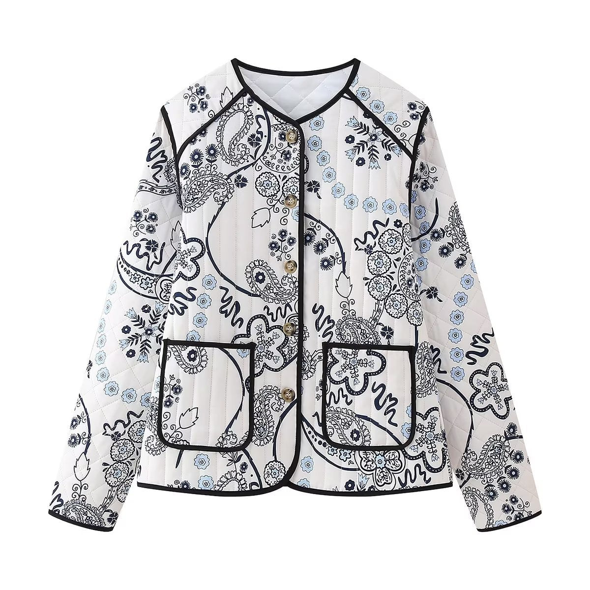 Bandana Paisley Quilted Collarless Jacket - White - 1