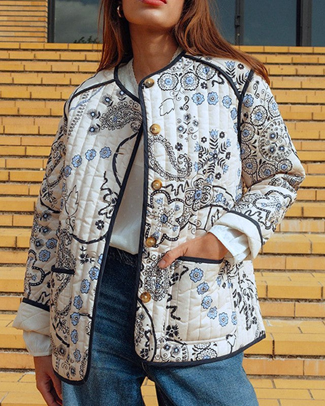 Bandana Paisley Quilted Collarless Jacket - White - 3