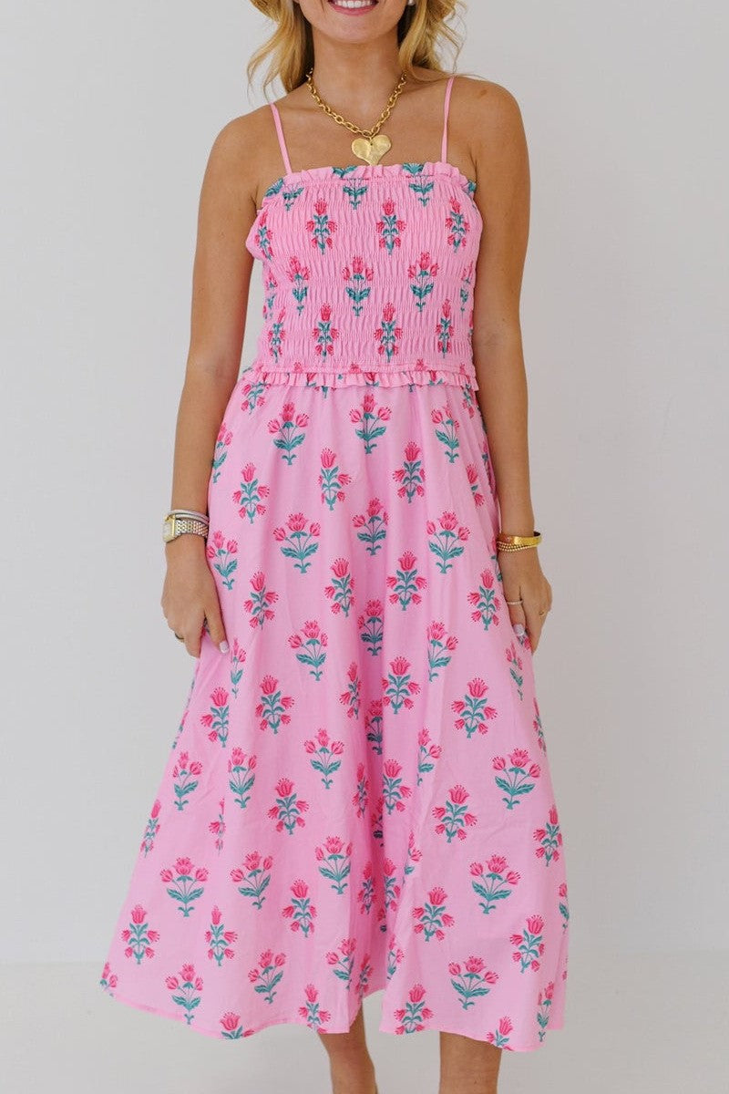 Smocked Bodice Floral Print Maxi Slip Dress - Pink