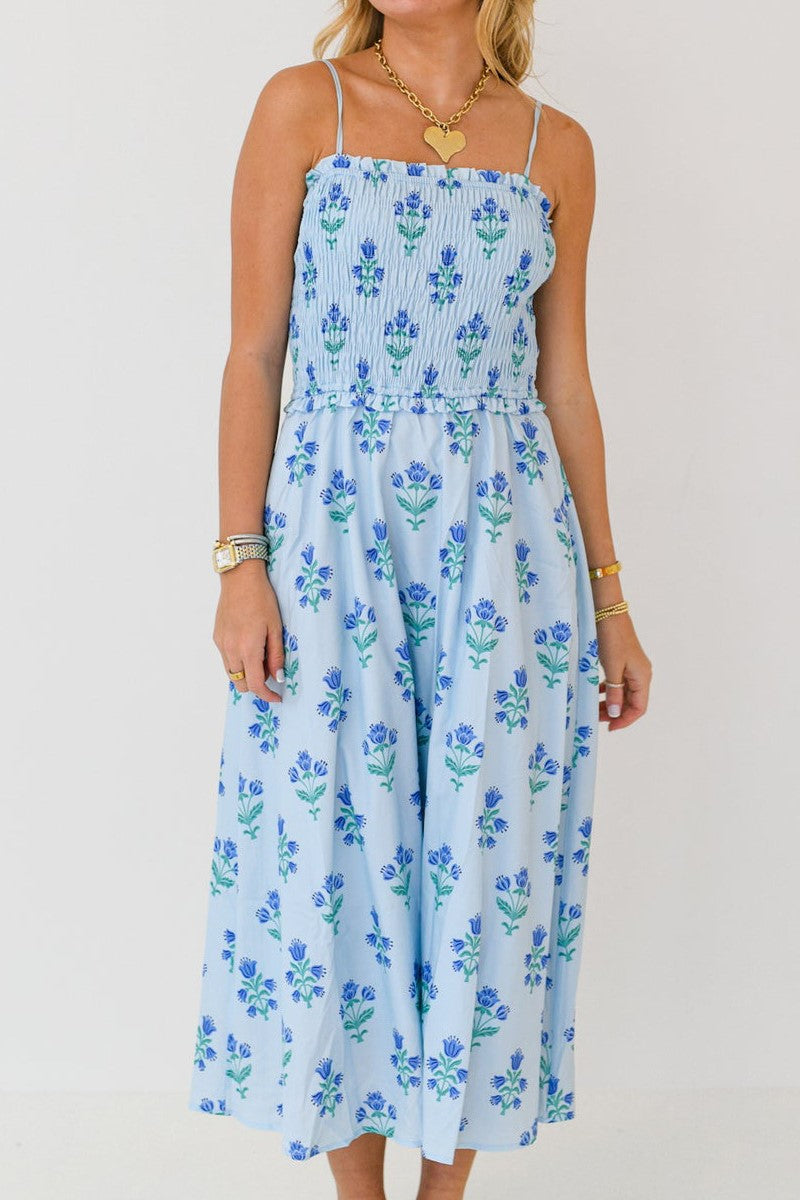 Smocked Bodice Floral Print Maxi Slip Dress - blue