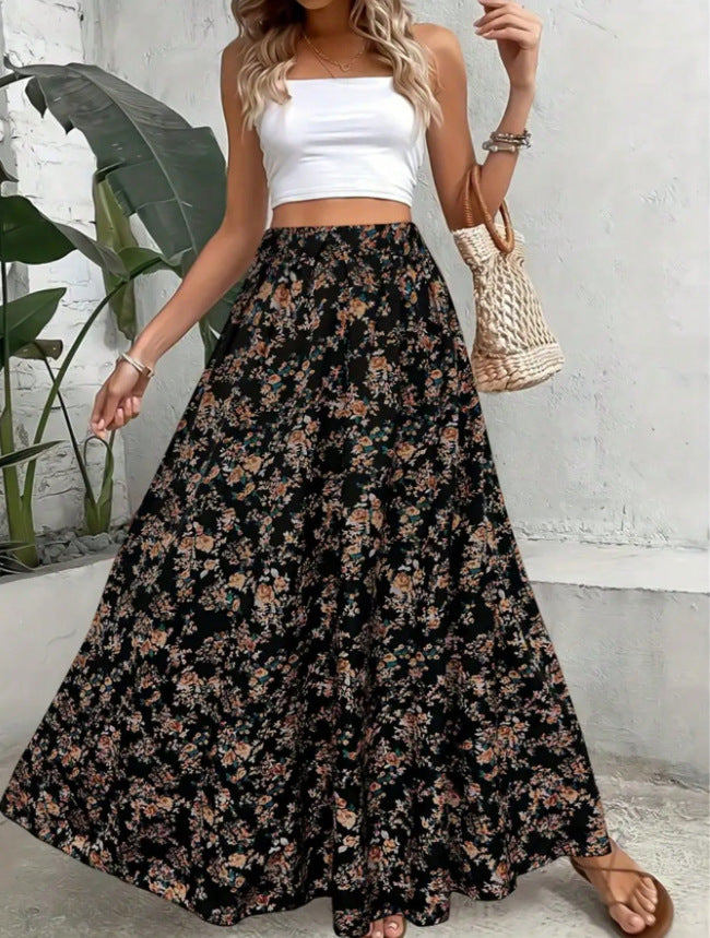 Ditsy Floral High Waist Maxi Skirt - Black