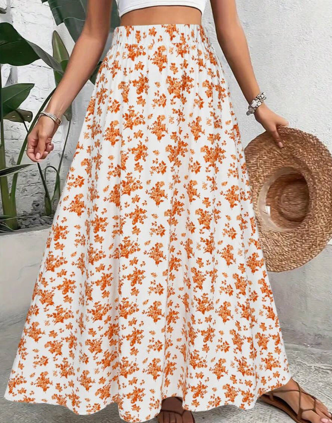 Ditsy Floral High Waist Maxi Skirt - Orange