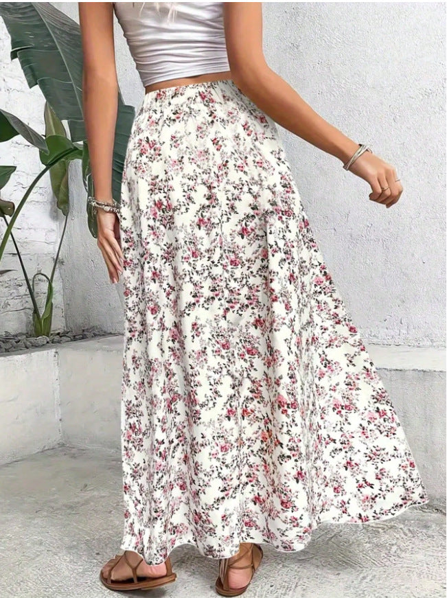 Ditsy Floral High Waist Maxi Skirt - White_P - 2