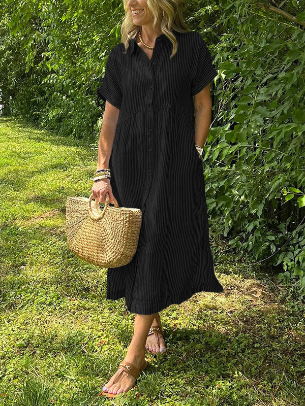 Relaxed Button Down Midi Shirt Dress With Pockets - Black
