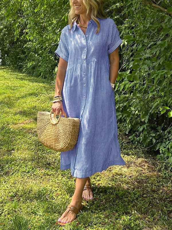 Relaxed Button Down Midi Shirt Dress With Pockets - Blue