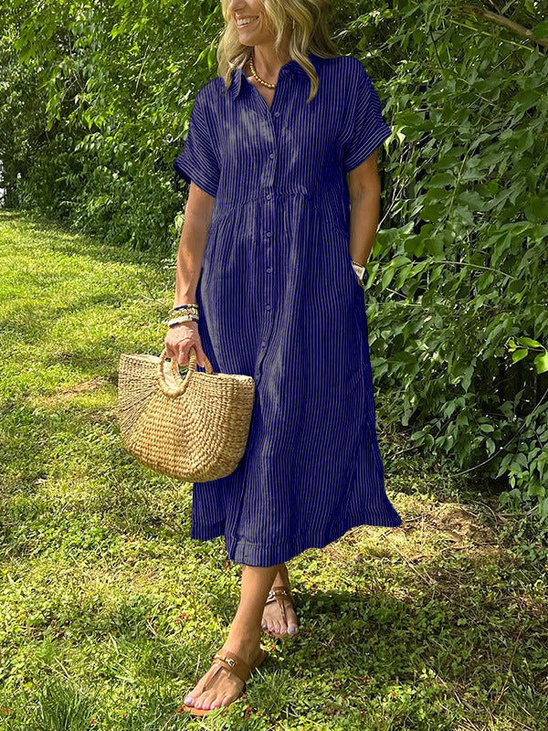 Relaxed Button Down Midi Shirt Dress With Pockets - DarkBlue