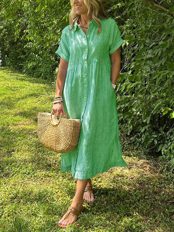 Relaxed Button Down Midi Shirt Dress With Pockets - Green