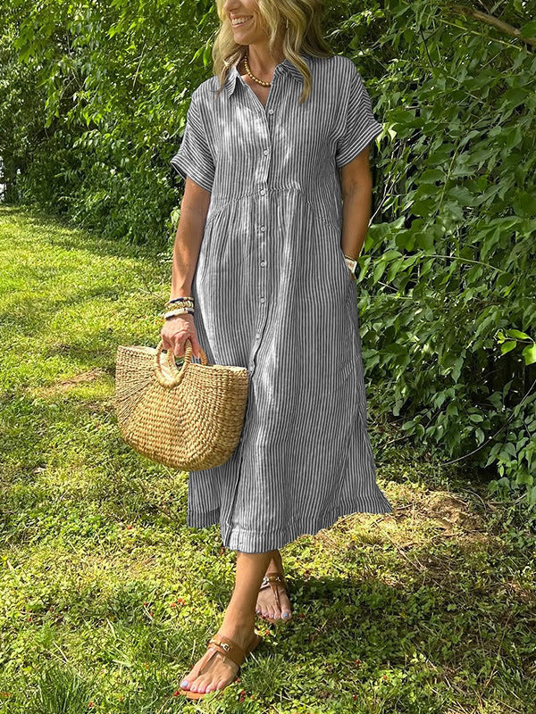 Relaxed Button Down Midi Shirt Dress With Pockets - Grey